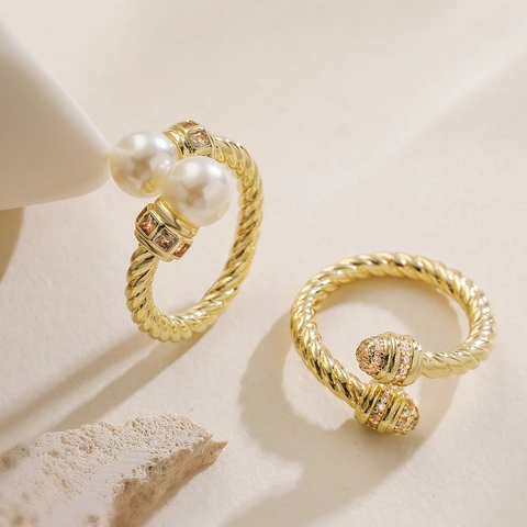 Geometric Twisted Rope Open Adjustable Ring For Women Copper With 18K Gold Plating Faux Artificial Pearl Cubic Zirconia Accents