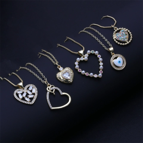 Elegant Copper Gold Plated Heart Pendant Necklace With Zircon Artificial Pearl Link Chain Jewelry For Women