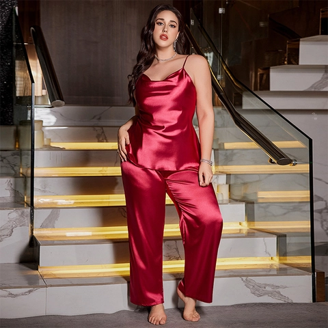 Satin Cami Top And Long Pants Pajamas Sleepwear Comfortable Plus Size Elegant Solid Color Home Wear For Women