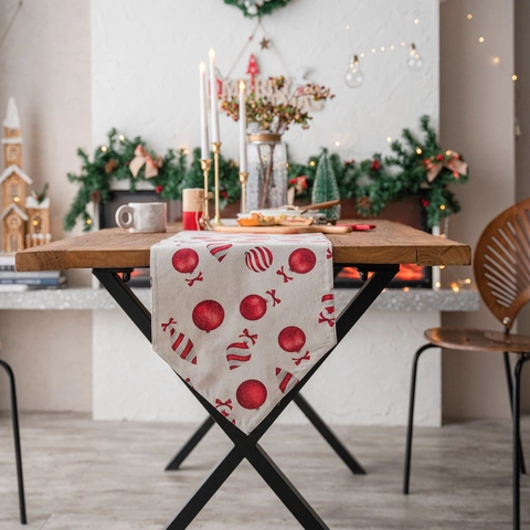 Runner da Tavolo di Natale in Cotone e Lino Doppio Strato Stampato Caramelle Pigna Decorazione Tavola Pranzo Festa