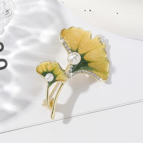 Spilla a Foglia di Ginkgo Smaltata in Stile Cinese per Donna in Lega di Zinco con Strass e Perla Artificiale Gioielli