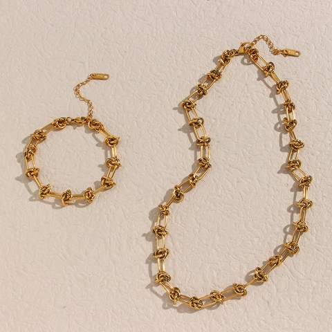 Juego de Collar y Pulsera con Eslabones de Nudo de Acero Inoxidable para Mujer Chapado en Oro de 18K Joyería de Cadena Minimalista