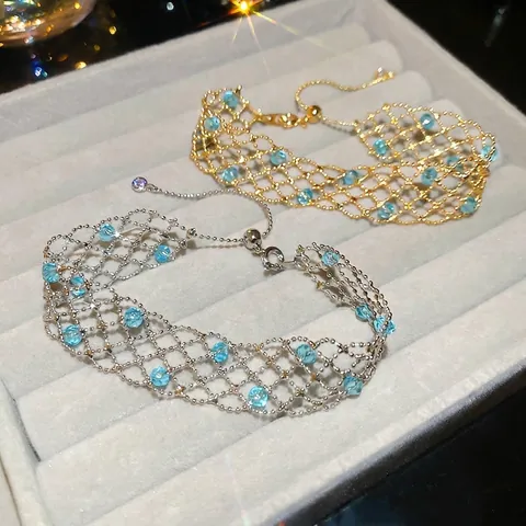 Kupfer Netz Armband Mit Hellblauen Kristallen Hohles Spitze Design Verstellbare Schiebeschnalle Für Damen Eleganter Schmuck