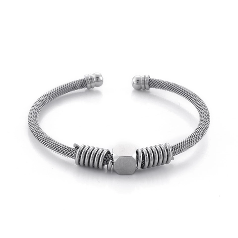Men's Stainless Steel Wire Mesh Weave Cuff Bracelet Industrial Punk Titanium Steel Open Bangle Hexagon Spring Detail