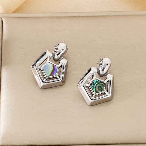 Pendientes De Botón Geométricos Con Forma De Pentágono De Acero Inoxidable Con Incrustaciones De Concha De Abulón Joyería Minimalista