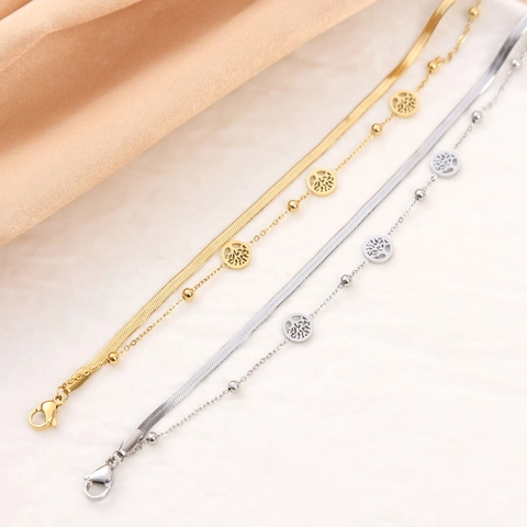 Double Layer Tree Of Life Bracelet Stainless Steel Snake And Bead Chain Fashion Jewelry For Women Elegant Gift