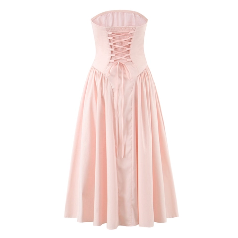 Vestido Maxi Palabra De Honor Espalda Con Cordones Cintura Alta Línea A Sexy Color Sólido Vestido Tubo Elegante Para Mujeres