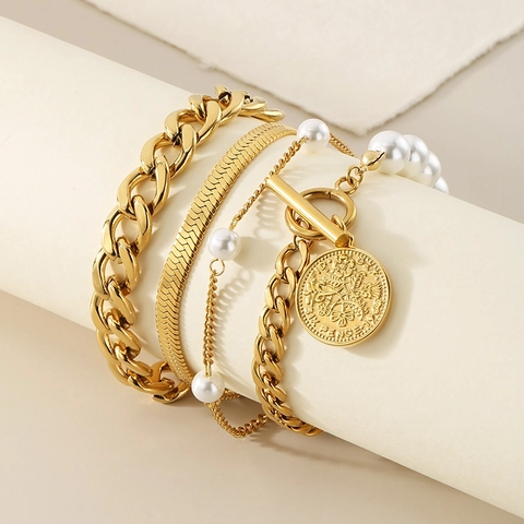 Bracciali A Strati Acciaio Inossidabile Perla Artificial Sintetica Catena Cubana Serpente Ciondolo Moneta Gioielli Di Moda Per Donne Eleganti