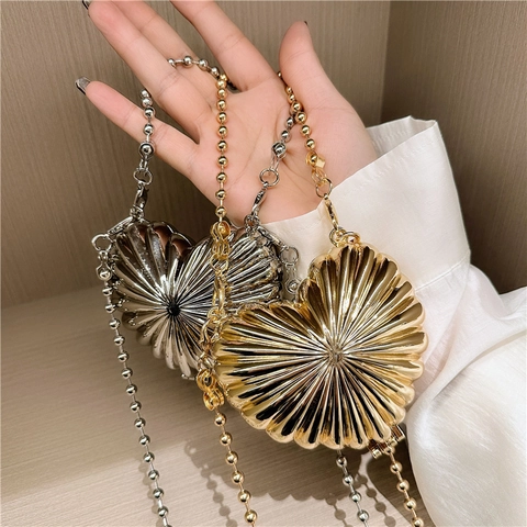 Mini Evening Bag Heart Shell Shape Metal Zinc Alloy Pleated Texture With Ball Chain For Women Party Wedding