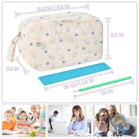 Trousse À Crayons En Velours Côtelé Grande Capacité Imprimé Floral Fraise Sac De Rangement Maquillage Avec Fermeture Éclair Et Poignée