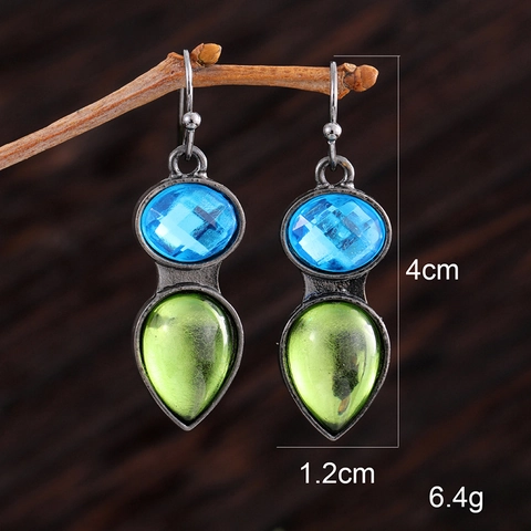 Vintage Dangle Earrings Alloy Antique Finish Gemstone Geometric Teardrop Bohemian Style Women Jewelry