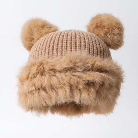 Bonnet D'Hiver Femme Double Pompons Fausse Fourrure Oreilles D'Ours Tricot Coton Épais Bordure Peluche