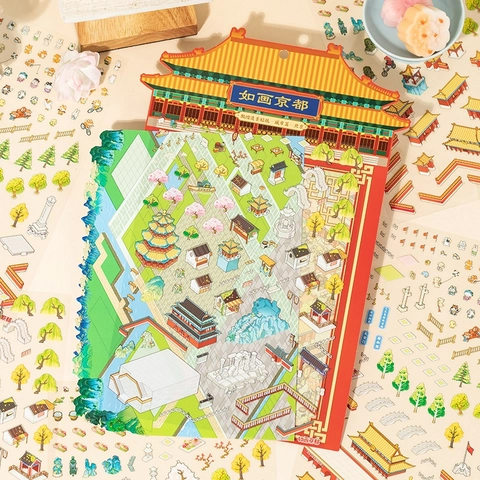 Adesivi Scena Miniatura Città PET Impermeabile Architettura Cinese Effetto 3D DIY Scrapbooking Diario Decorativo