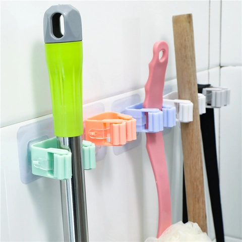 Wall Mounted Mop Holder No-Drill Broom Organizer Hook Plastic Non-Marking Self Adhesive Rack For Bathroom Kitchen