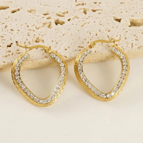 Orecchini Geometrici Irregolari A Forma Di Cuore Acciaio Inossidabile Placcato Oro 18K Cristallo Intarsiato Motivo Greco Donna