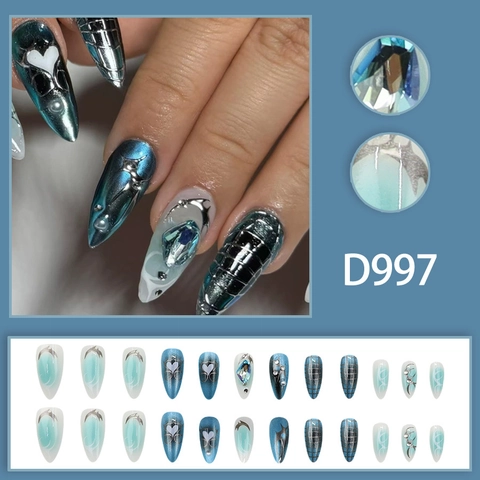 Unghie Finte Stiletto Blu Argento Cromo Cuore 3D Strass Punk Y2K Manicure Salone DIY