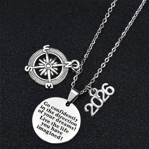 Stainless Steel Inspirational Keychain Necklace Compass Dream Quote Graduation Gift 2025 2026 For Students Teachers Jewelry