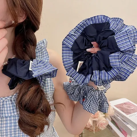 Korean Plaid Gingham Hair Scrunchies And Claw Clip Fabric Cherry Embroidery Artificial Pearl Decor Women Hair Accessories