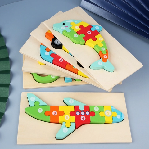 Wooden 3D Jigsaw Puzzle Animal Vehicle Numerical Learning Early Educational Montessori Toy For Children