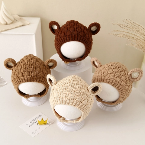 Gorro Punto Invierno Bebé Orejas Oso Lana Suave Protección Oídos Correa Barbilla Color Sólido Para Infantes Cálido
