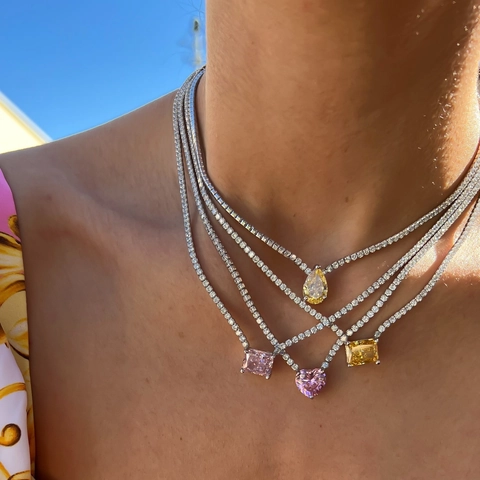 Titanium Steel Tennis Necklace With Heart Pear Rectangle Zircon Pendants Colorful Cubic Zirconia Choker For Women