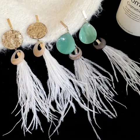 Long Feather Tassel Earrings With Silver Earring Post Resin Geometric Round Bohemian Style Ethnic Jewelry For Women