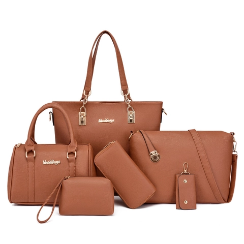Women Fashion Litchi Grain PU Leather Tote Handbag Shoulder Bag Wallet Clutch Key Holder Solid Color Retro Style