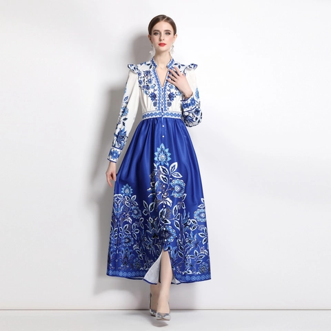 French Retro Blue White Porcelain Print Maxi Dress Polyester V Neck High Waist Long Sleeve Elegant A-Line Swing Dress