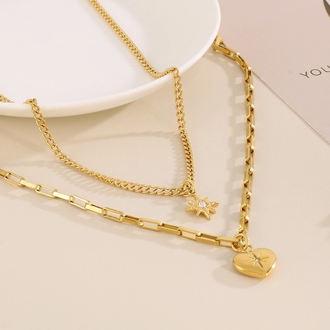 Doppelstöckige Edelstahlkette Mit Stern Und Herzanhänger Strass Mode Schlüsselbein Kette Schmuck Für Damen