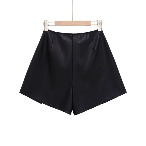Gonna-Pantalone da Donna in Pelle PU a Vita Alta Con Spacco Laterale Gonna Mini a Linea A Con Pantaloncini Interni Moda Tinta Unita Nero Standard Fit Casual Streetwear