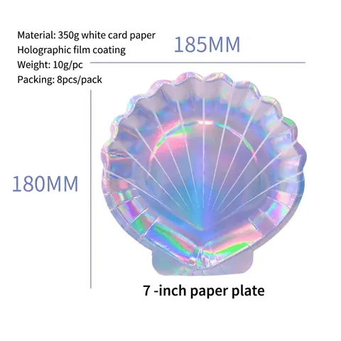 Iridescent Shell Paper Plates Cups Straws Wooden Cutlery Disposable Tableware Holographic Laser For Ocean Theme Party