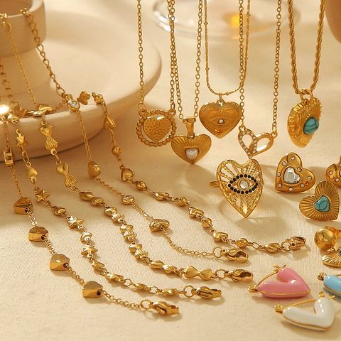 Collana E Orecchini A Cuore Malocchio In Acciaio Inossidabile Placcato Oro Smalto Turchese Conchiglia Gioielli Donna