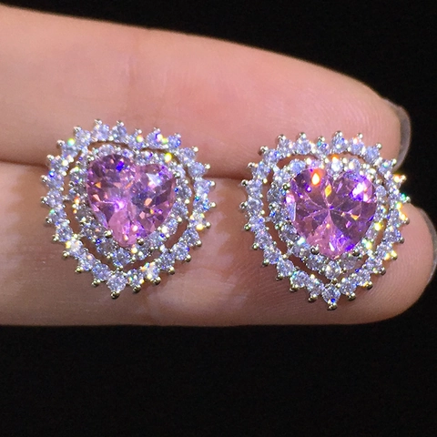 Eleganti Orecchini A Lobo Cuore Rame Con Zirconia Colorata Doppio Halo Rhinestone Per Donne