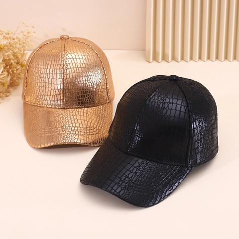 Gorra de Béisbol de Cuero PU con Textura de Cocodrilo de Moda Dorado Metálico Negro Ajustable para Protección Solar al Aire Libre