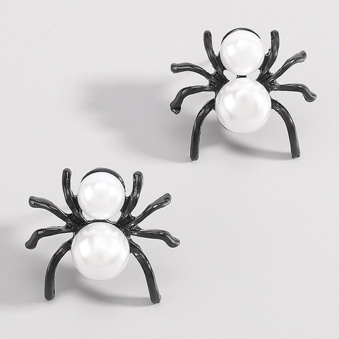 Spider Stud Earrings Alloy Faux Artificial Pearl Halloween Gothic Animal Shape Vintage Style For Women Girls Jewelry