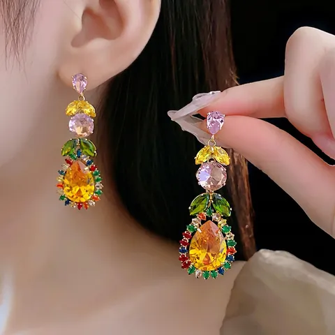 Orecchini A Foglia Goccia D'acqua Con Zirconia Cubica Colorata E Perno In Argento Gioielli Di Lusso