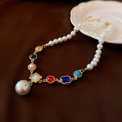 Vintage Baroque Faux Artificial Pearl Necklace Colorful Square Geometric Crystal Alloy Choker Pendant For Women Retro Style