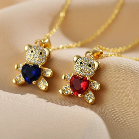 Teddybär Anhänger Halskette Gold Plattiert Kupfer Herzform Bunter Zirkon Süße Schlüsselbeinkette Mode Schmuck