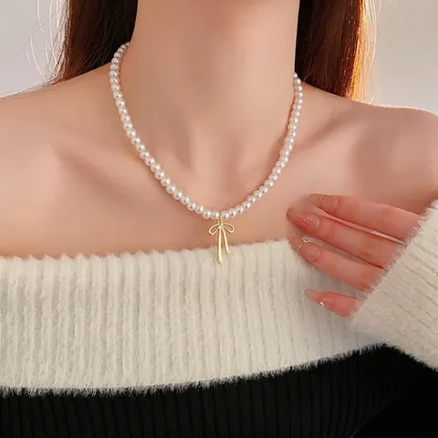 Collana Di Künstliche Perle Con Ciondolo A Fiocco In Lega Stile Retrò Francese Elegante Per Donna Gioielli Di Moda