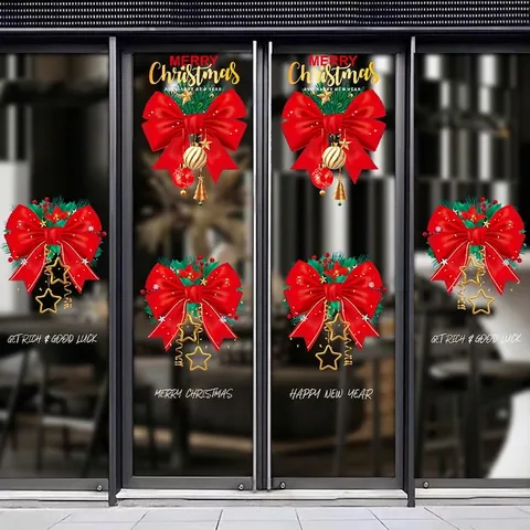 Christmas New Year Window Static Cling Stickers PVC Large Red Bow Glass Door Decor Double Sided Festive Reusable