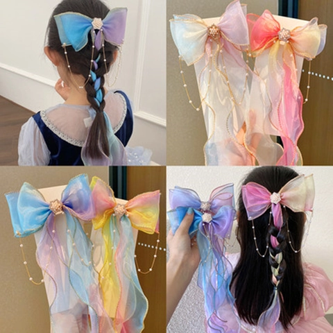 Molletta Per Capelli Con Fiocco Grande In Organza Sfumata Per Ragazze Con Lunghi Nastri Künstliche Perle Strass Accessori Da Fata