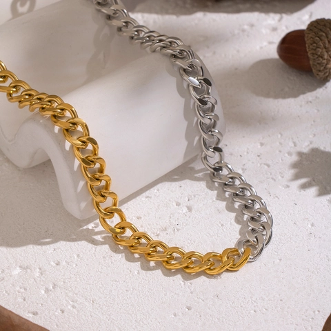Collier Chaîne Cubaine En Acier Inoxydable Plaqué Or 18K Bicolore Grosse Maille Géométrique Style Ins Minimaliste Femmes