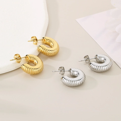 Pendientes De Aro Croissant Retro Textura Acanalada En Forma De C Huecos Acero Inoxidable Estilo Francés Joyería