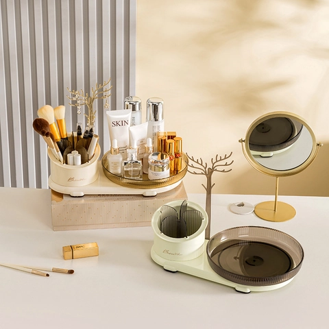 Boîte De Rangement Maquillage Rotative Avec Arbre À Bijoux Acrylique Plastique Présentoir Cosmétique Pour Coiffeuse Bureau