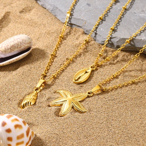 Roestvrijstalen Mariene Schelp Zeester Wulk Hanger Halsketting Voor Vrouwen Strandstijl Goud Zilver Verguld Strass Sieraden Cadeau