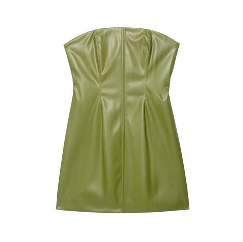 Damen Trägerloses Mini Kleid PU Kunstleder Sexy Bodycon Einfarbig Chic Sommer Party Outfit