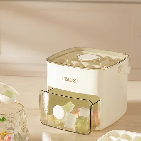 Moule À Glaçons Avec Bac De Rangement Couvercle Et Poignée Grande Capacité ABS PP Qualité Alimentaire Blanc Crème
