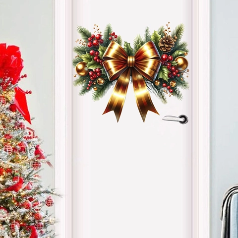 Christmas Wall Sticker PVC Waterproof Golden Bow Pine Needle Red Berry Door Window Home Holiday Decoration Self Adhesive