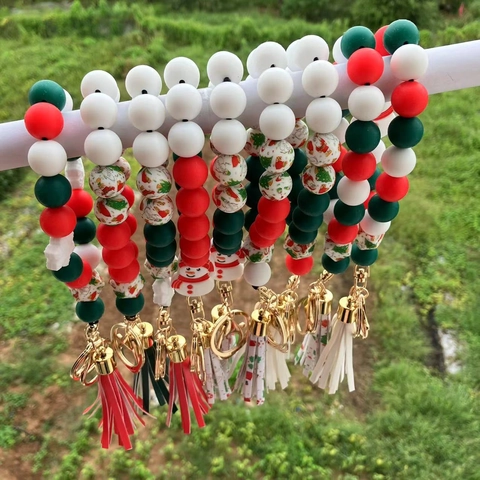 Porte-clés de Poignet en Perles de Silicone de Noël pour Femmes Bonhomme de Neige Père Noël Gland Bracelet Cadeau de Fête