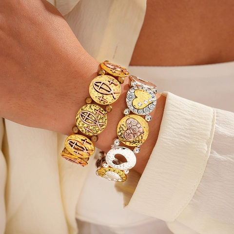 Retro Alloy Elastic Bracelet With Cross Fish Symbol And Heart Embossed Hammered Texture Contrast Metal Jewelry